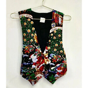 Vintage JLN USA Womens Multicolor Santa Christmas Button Front Vest Size Small